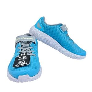 Kids shoe Under Armour junior running shoes cool blue sky. Athletic sneakers.